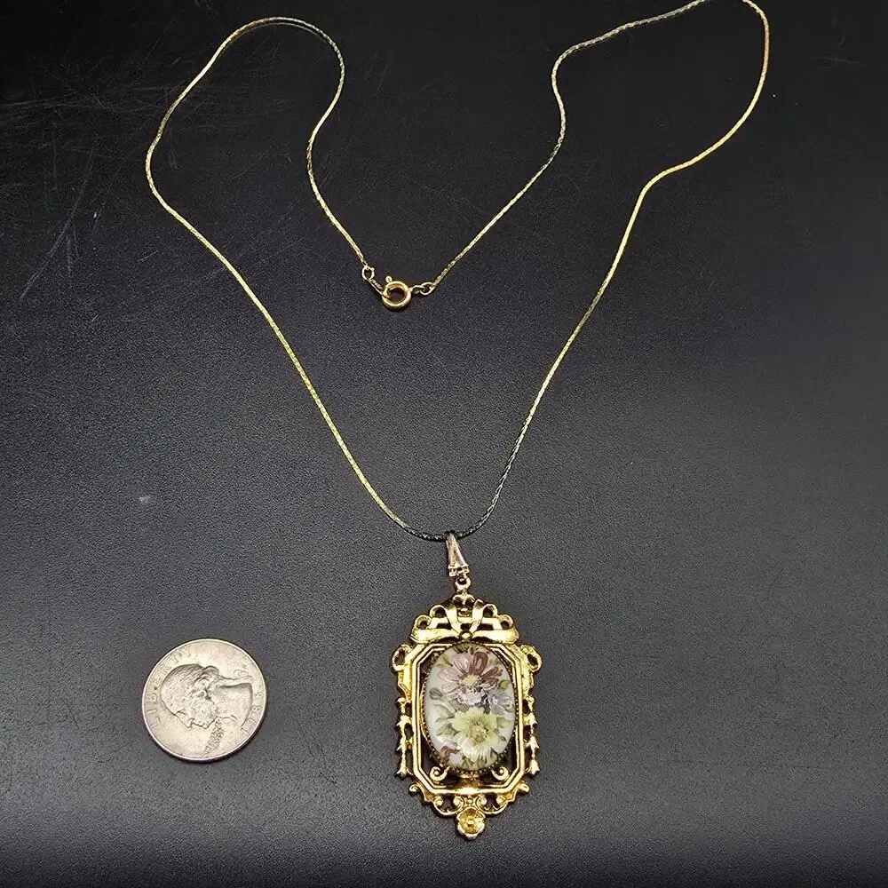 Vintage Floral Pendant Necklace Ornate Gold Tone Costume Jewelry